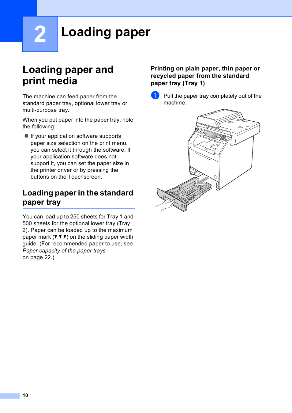 2 loading paper, Loading paper and print media, Loading paper in the standard paper tray | Loading paper | Brother Copier/Printer MFC-9970CDW User Manual | Page 26 / 214