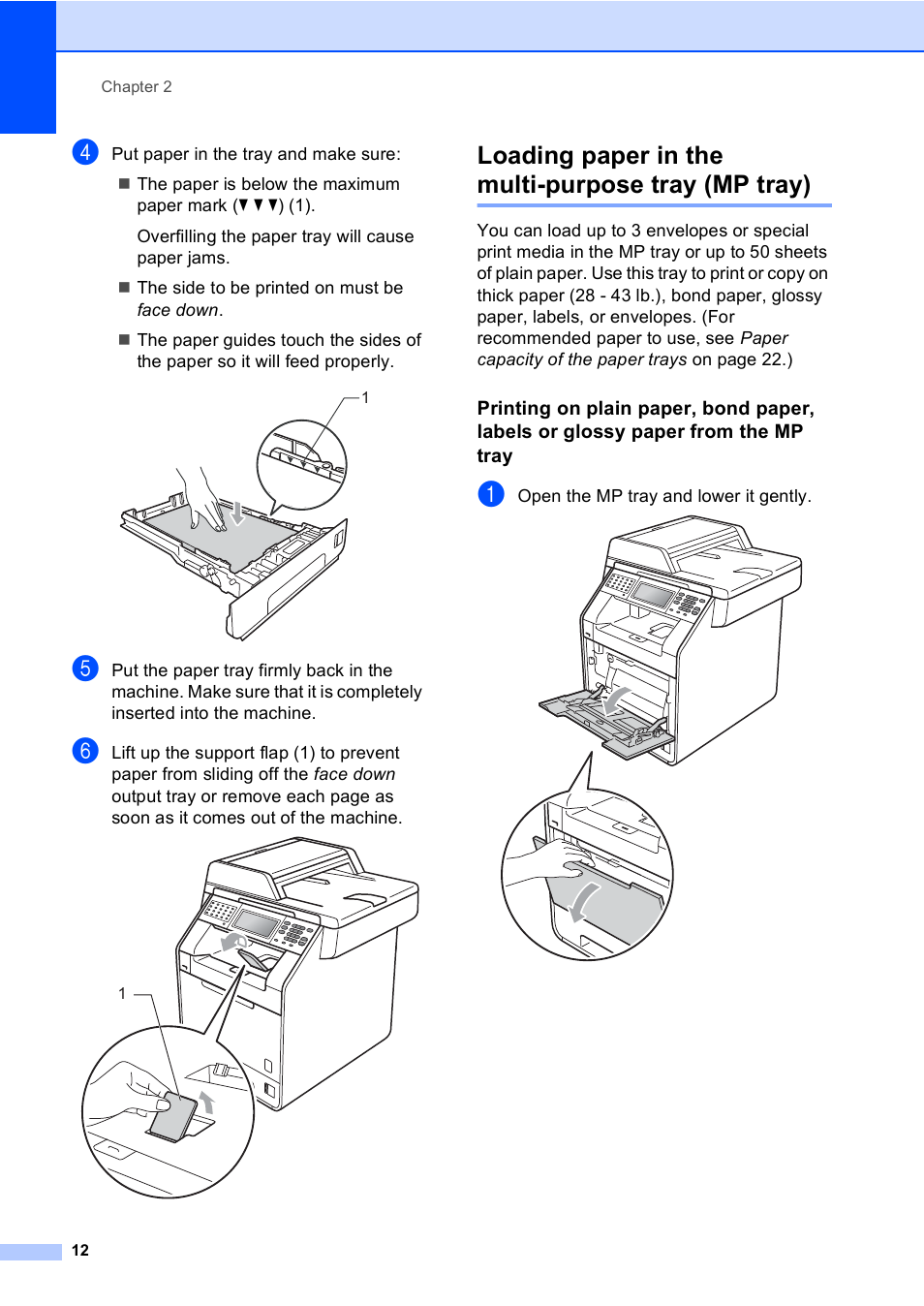 Loading paper in the multi-purpose tray (mp tray) | Brother Copier/Printer MFC-9970CDW User Manual | Page 28 / 214