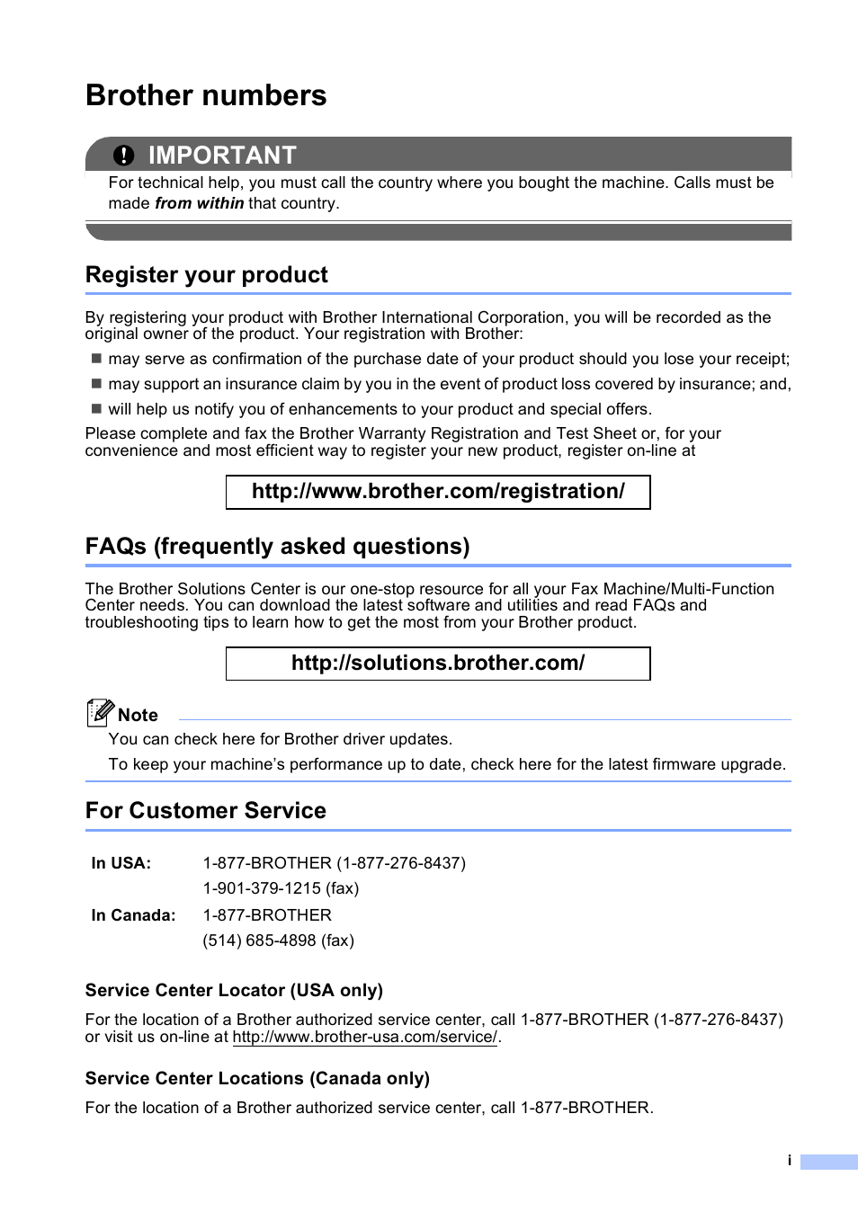 Brother numbers, Register your product, Faqs (frequently asked questions) | For customer service, Important | Brother Copier/Printer MFC-9970CDW User Manual | Page 3 / 214