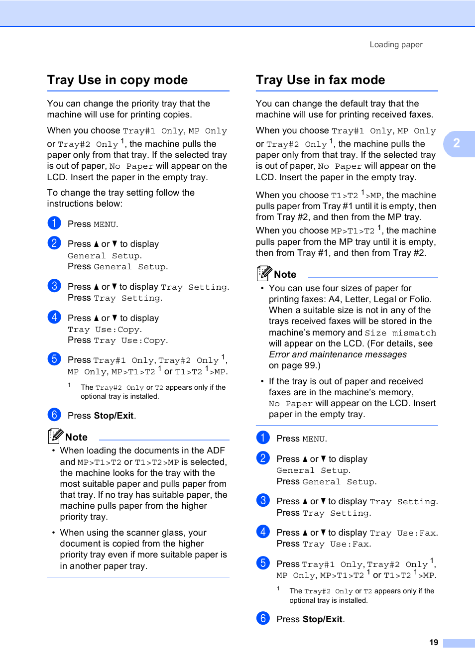 Tray use in copy mode, Tray use in fax mode, Tray use in copy mode tray use in fax mode | 2tray use in copy mode | Brother Copier/Printer MFC-9970CDW User Manual | Page 35 / 214
