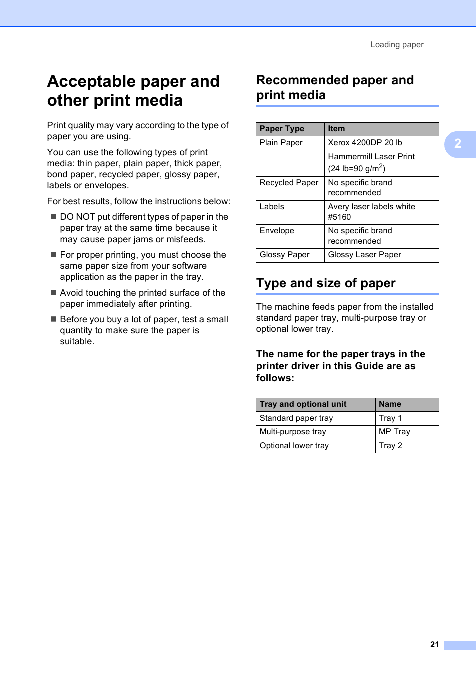 Acceptable paper and other print media, Recommended paper and print media, Type and size of paper | Brother Copier/Printer MFC-9970CDW User Manual | Page 37 / 214
