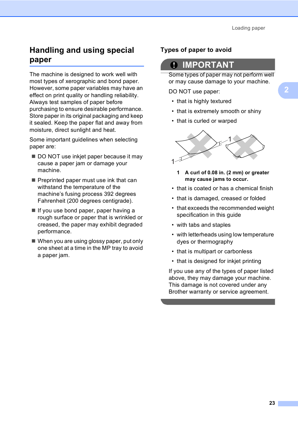 Handling and using special paper, Types of paper to avoid, Important | 2handling and using special paper | Brother Copier/Printer MFC-9970CDW User Manual | Page 39 / 214