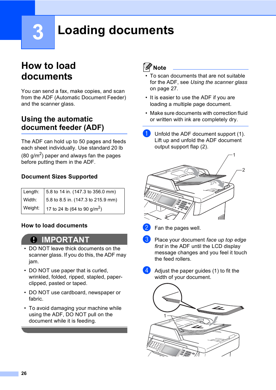 3 loading documents, How to load documents, Using the automatic document feeder (adf) | Document sizes supported, Loading documents, Important | Brother Copier/Printer MFC-9970CDW User Manual | Page 42 / 214