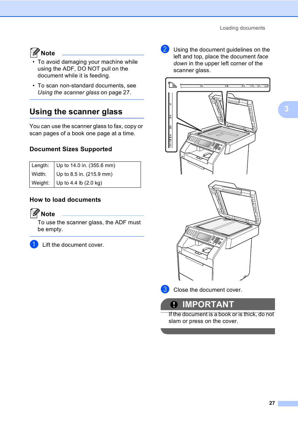 Using the scanner glass, Document sizes supported, How to load documents | Important | Brother Copier/Printer MFC-9970CDW User Manual | Page 43 / 214