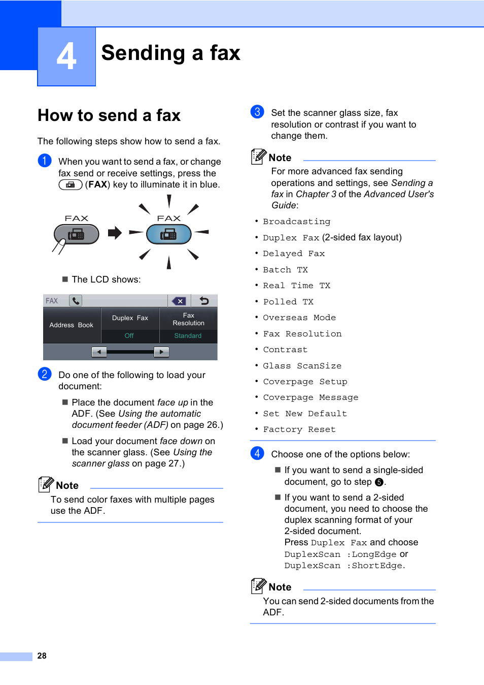 4 sending a fax, How to send a fax, Sending a fax | Brother Copier/Printer MFC-9970CDW User Manual | Page 44 / 214