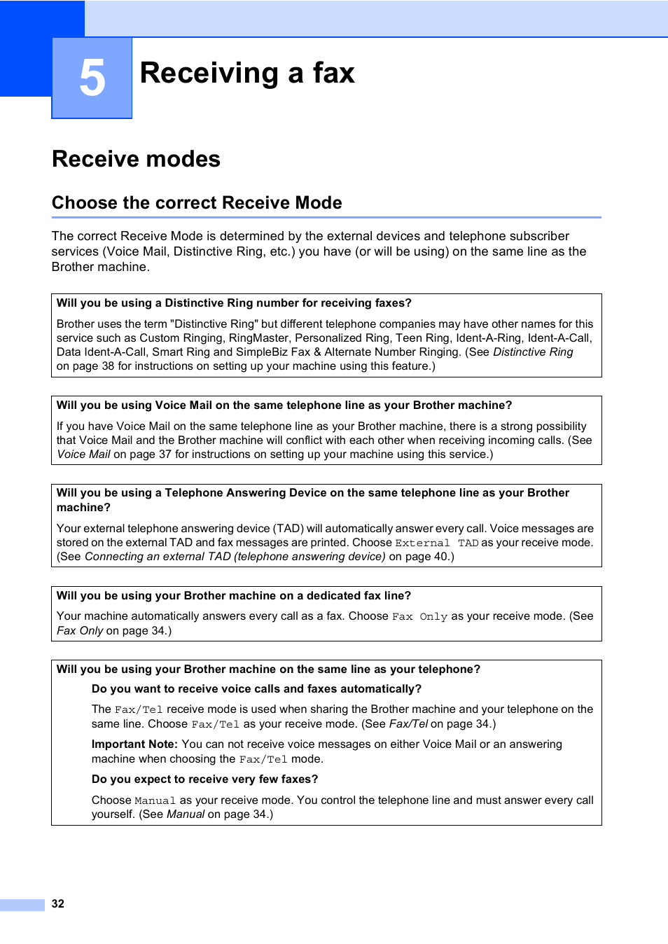 5 receiving a fax, Receive modes, Choose the correct receive mode | Receiving a fax | Brother Copier/Printer MFC-9970CDW User Manual | Page 48 / 214