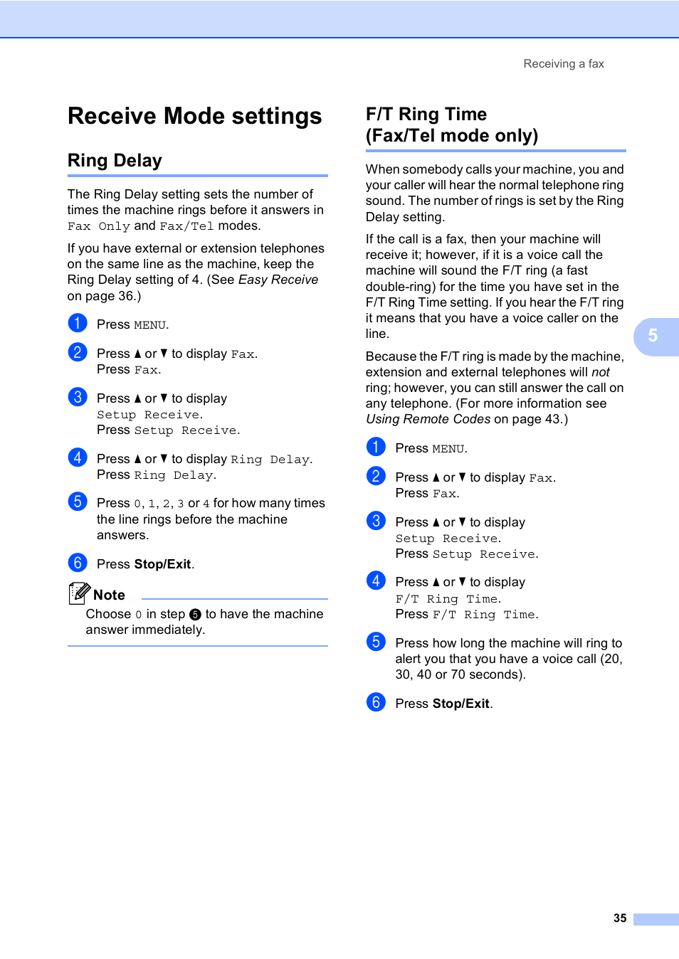 Receive mode settings, Ring delay, F/t ring time (fax/tel mode only) | Ring delay f/t ring time (fax/tel mode only) | Brother Copier/Printer MFC-9970CDW User Manual | Page 51 / 214