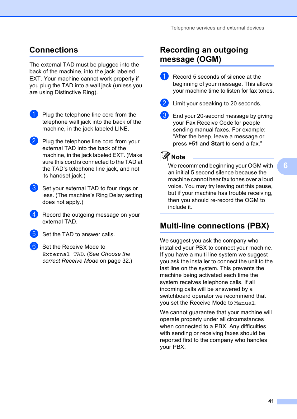 Connections, Recording an outgoing message (ogm), Multi-line connections (pbx) | 6connections | Brother Copier/Printer MFC-9970CDW User Manual | Page 57 / 214