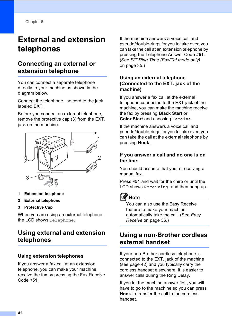 External and extension telephones, Connecting an external or extension telephone, Using external and extension telephones | Using extension telephones, If you answer a call and no one is on the line, Using a non-brother cordless external handset | Brother Copier/Printer MFC-9970CDW User Manual | Page 58 / 214