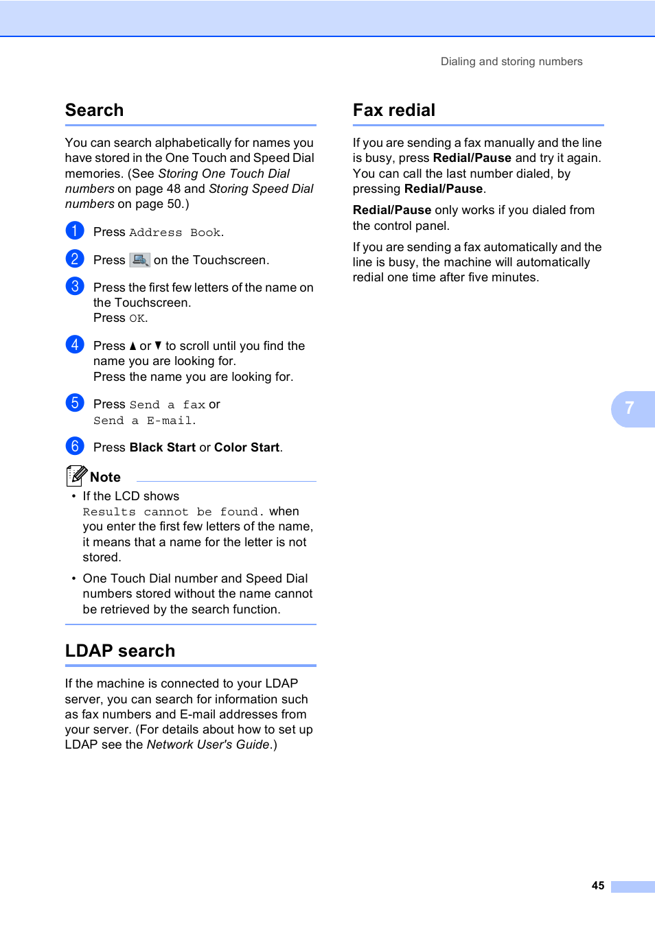 Search, Ldap search, Fax redial | Search ldap search fax redial, 7search | Brother Copier/Printer MFC-9970CDW User Manual | Page 61 / 214