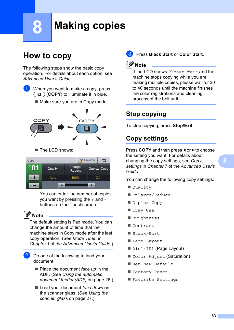 8 making copies, How to copy, Stop copying | Copy settings, Making copies, Stop copying copy settings | Brother Copier/Printer MFC-9970CDW User Manual | Page 69 / 214