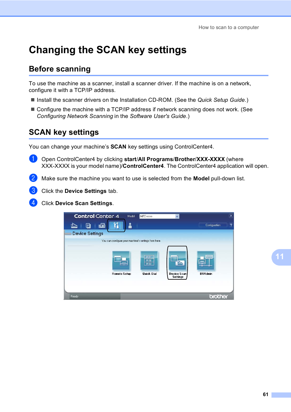 Changing the scan key settings, Before scanning, Scan key settings | Before scanning scan key settings | Brother Copier/Printer MFC-9970CDW User Manual | Page 77 / 214