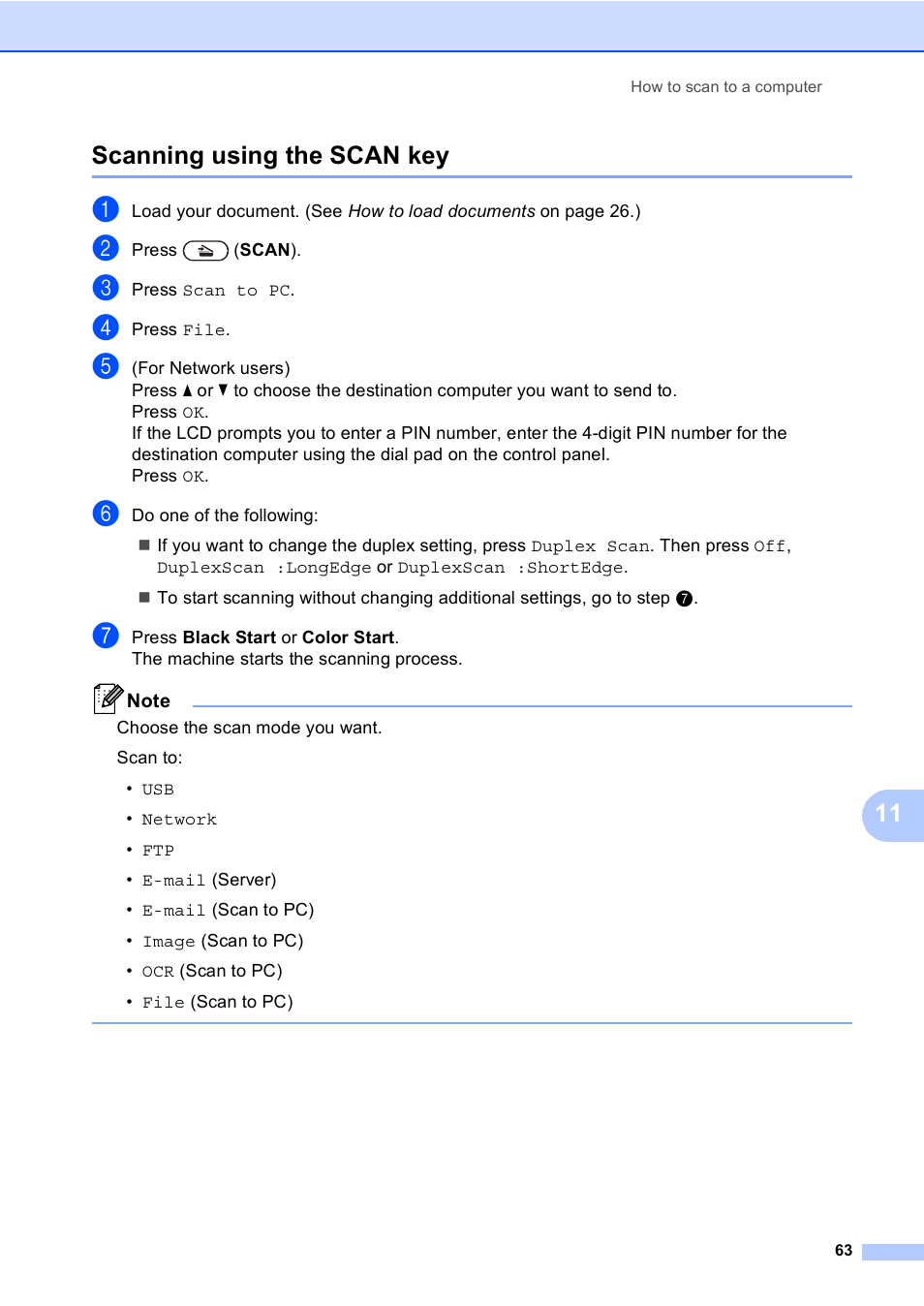 Scanning using the scan key, 11 scanning using the scan key | Brother Copier/Printer MFC-9970CDW User Manual | Page 79 / 214