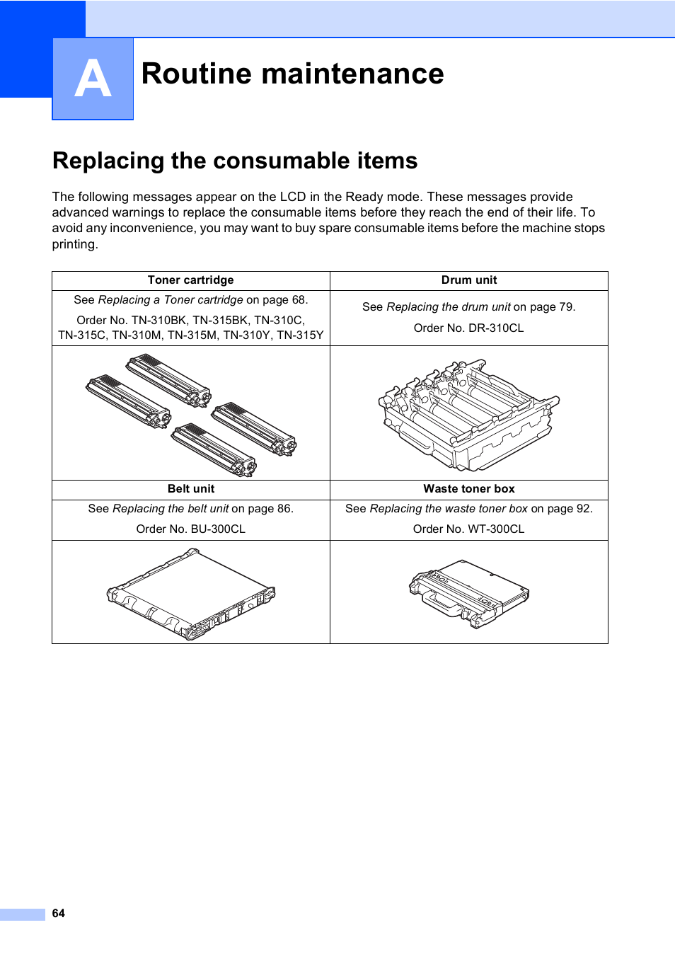 A routine maintenance, Replacing the consumable items, Routine maintenance | Brother Copier/Printer MFC-9970CDW User Manual | Page 80 / 214