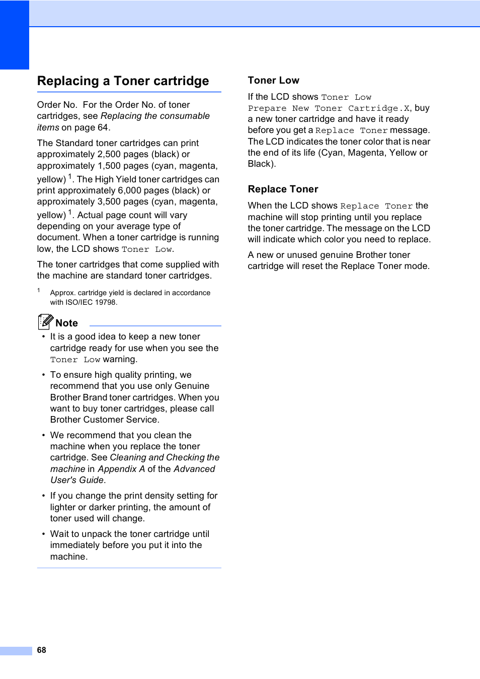 Replacing a toner cartridge, Toner low, Replace toner | Brother Copier/Printer MFC-9970CDW User Manual | Page 84 / 214