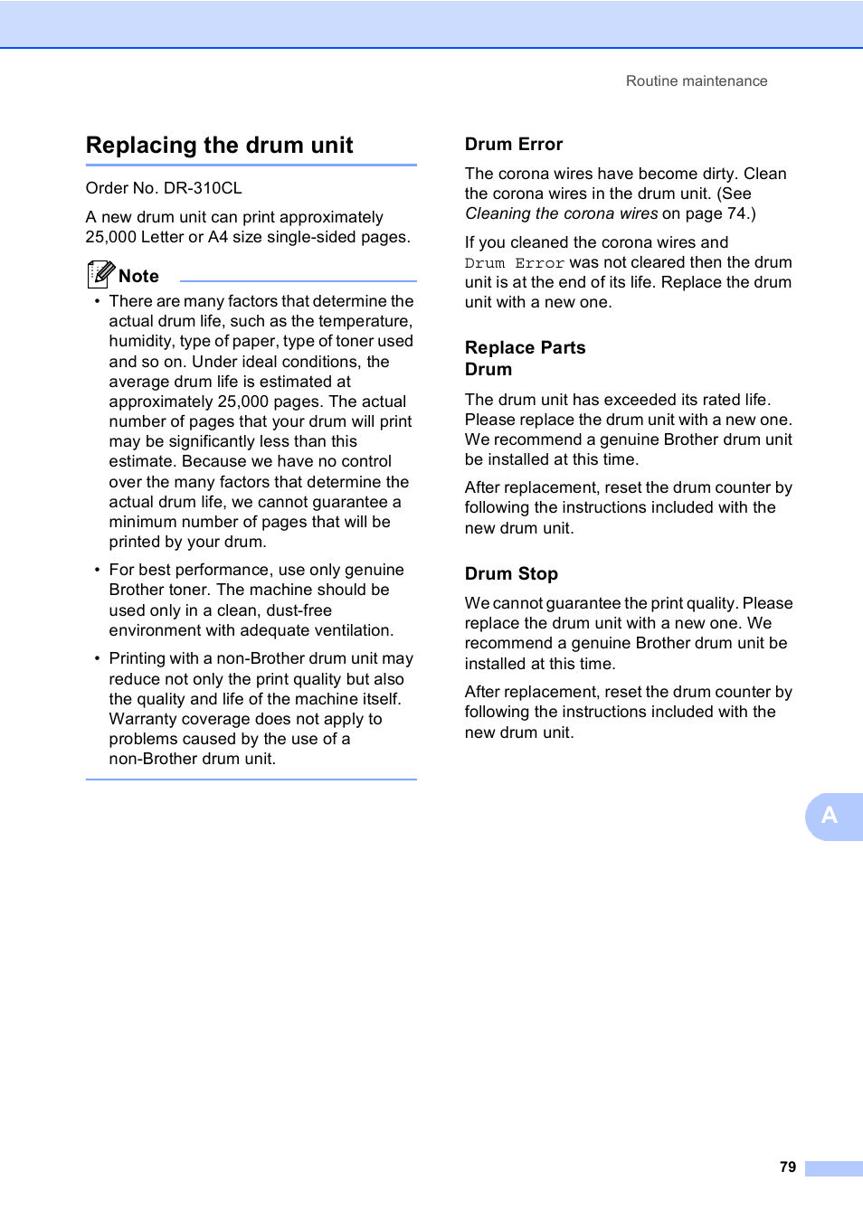 Replacing the drum unit, Drum error, Replace parts drum | Drum stop, Areplacing the drum unit | Brother Copier/Printer MFC-9970CDW User Manual | Page 95 / 214