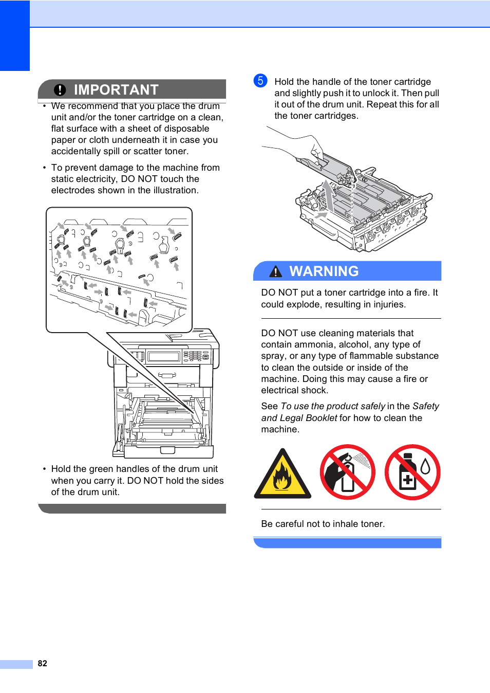 Important, Warning, Be careful not to inhale toner | Brother Copier/Printer MFC-9970CDW User Manual | Page 98 / 214