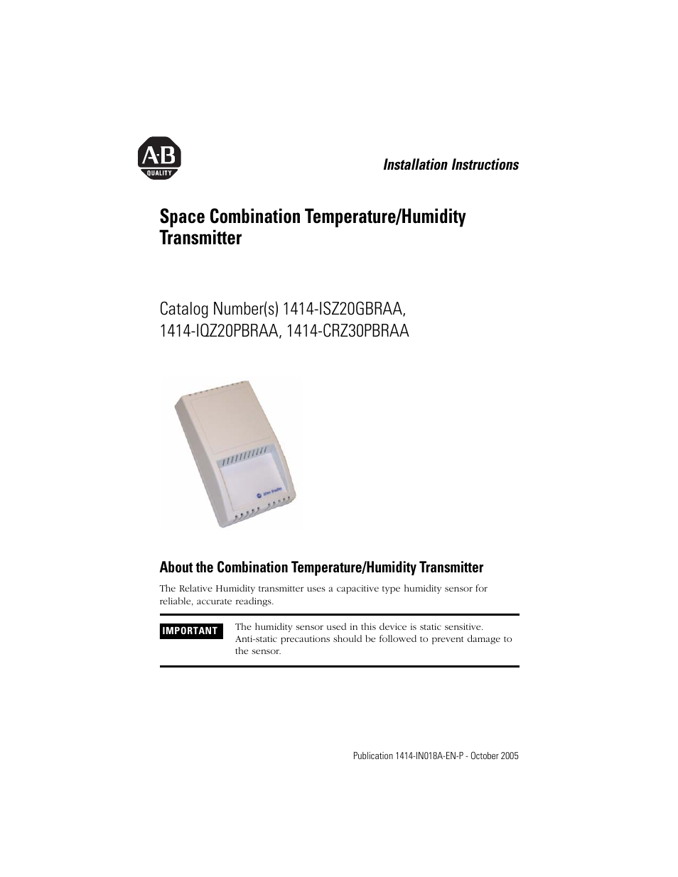 Rockwell Automation 1414-ISZxxxxx_IQZxxxxx_CRZxxxxx Space Combination Temperature/Humidity User Manual | 4 pages