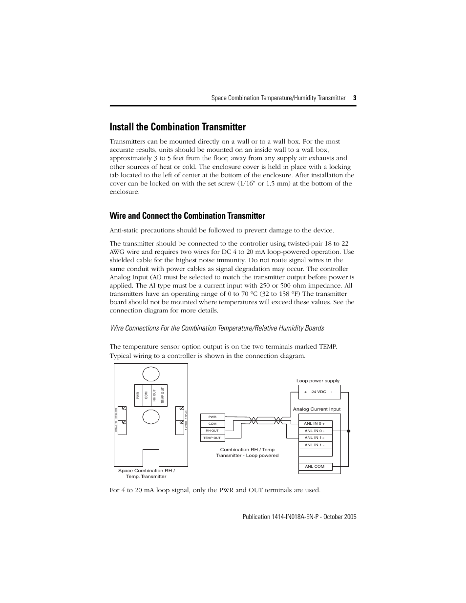 Install the combination transmitter, Wire and connect the combination transmitter | Rockwell Automation 1414-ISZxxxxx_IQZxxxxx_CRZxxxxx Space Combination Temperature/Humidity User Manual | Page 3 / 4