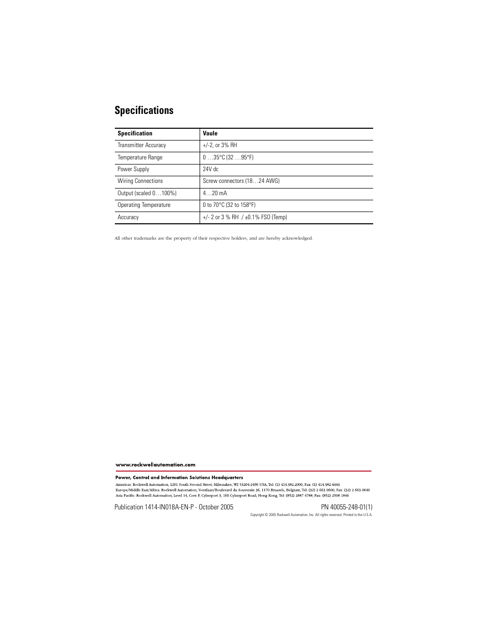 Specifications, Back cover | Rockwell Automation 1414-ISZxxxxx_IQZxxxxx_CRZxxxxx Space Combination Temperature/Humidity User Manual | Page 4 / 4