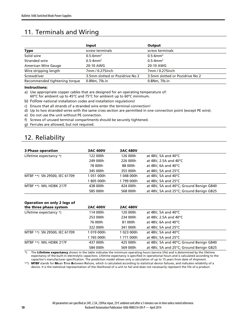 Terminals and wiring, Reliability | Rockwell Automation 1606-XLE240F-3 Power Supply Reference Manual User Manual | Page 10 / 24