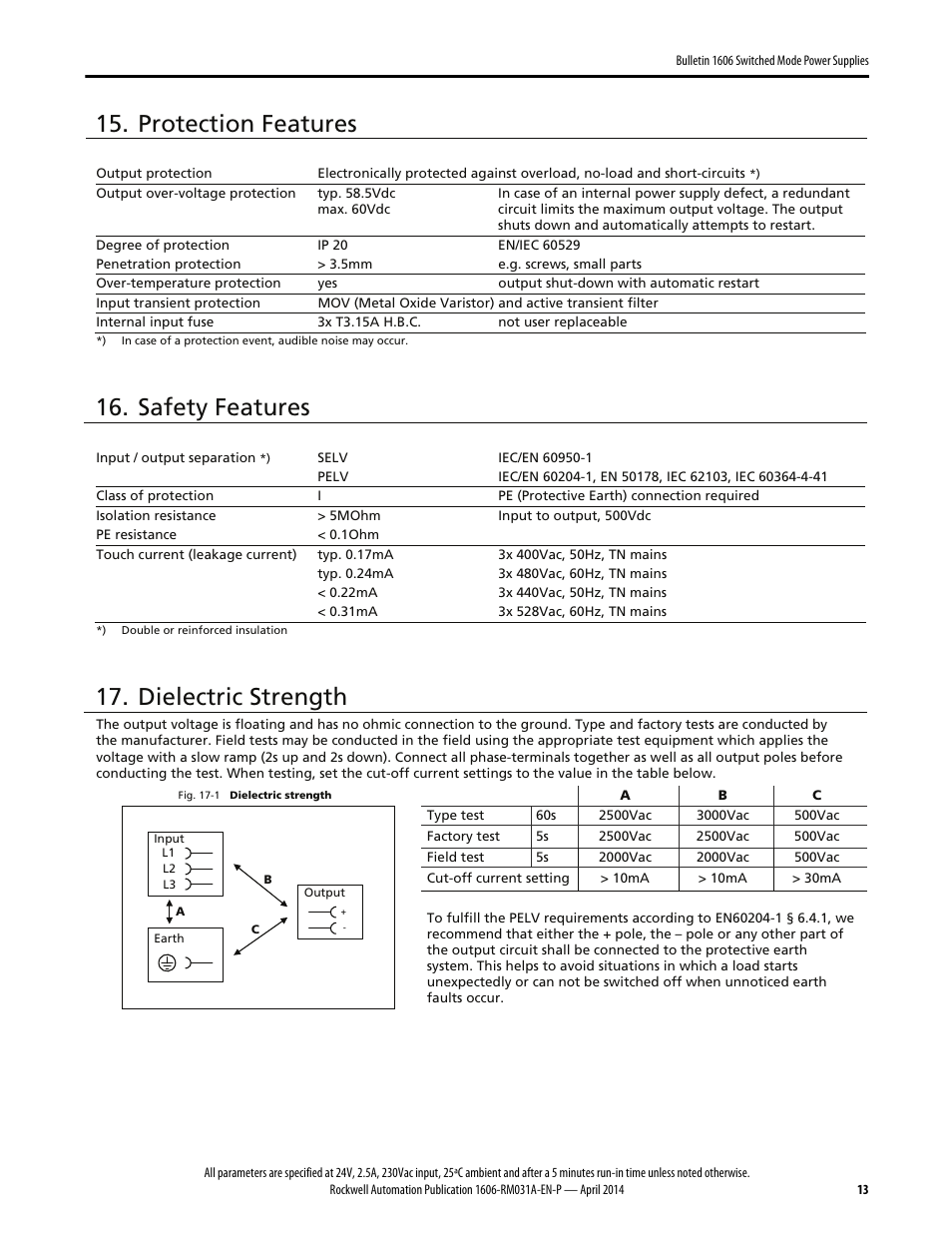 Protection features, Safety features, Dielectric strength | Rockwell Automation 1606-XLE240F-3 Power Supply Reference Manual User Manual | Page 13 / 24