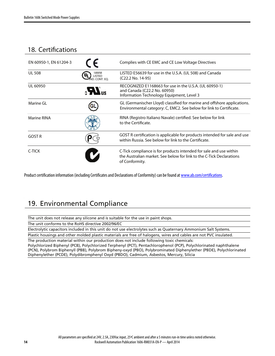 Certifications, Environmental compliance | Rockwell Automation 1606-XLE240F-3 Power Supply Reference Manual User Manual | Page 14 / 24