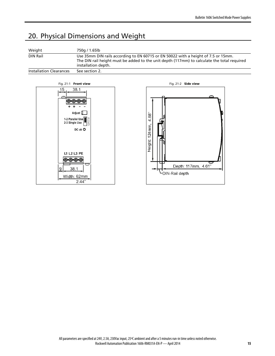 Physical dimensions and weight | Rockwell Automation 1606-XLE240F-3 Power Supply Reference Manual User Manual | Page 15 / 24