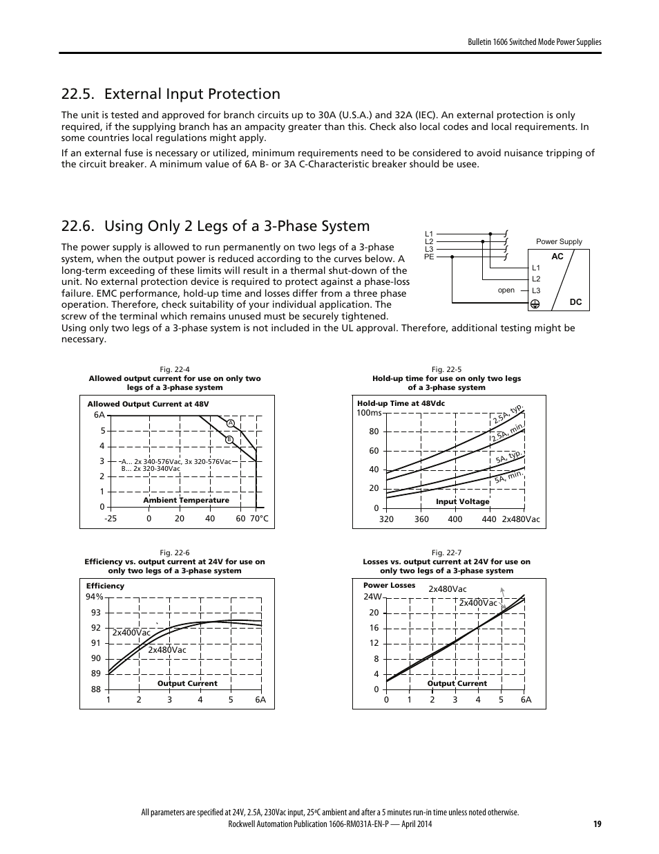 External input protection, Using only 2 legs of a 3-phase system | Rockwell Automation 1606-XLE240F-3 Power Supply Reference Manual User Manual | Page 19 / 24