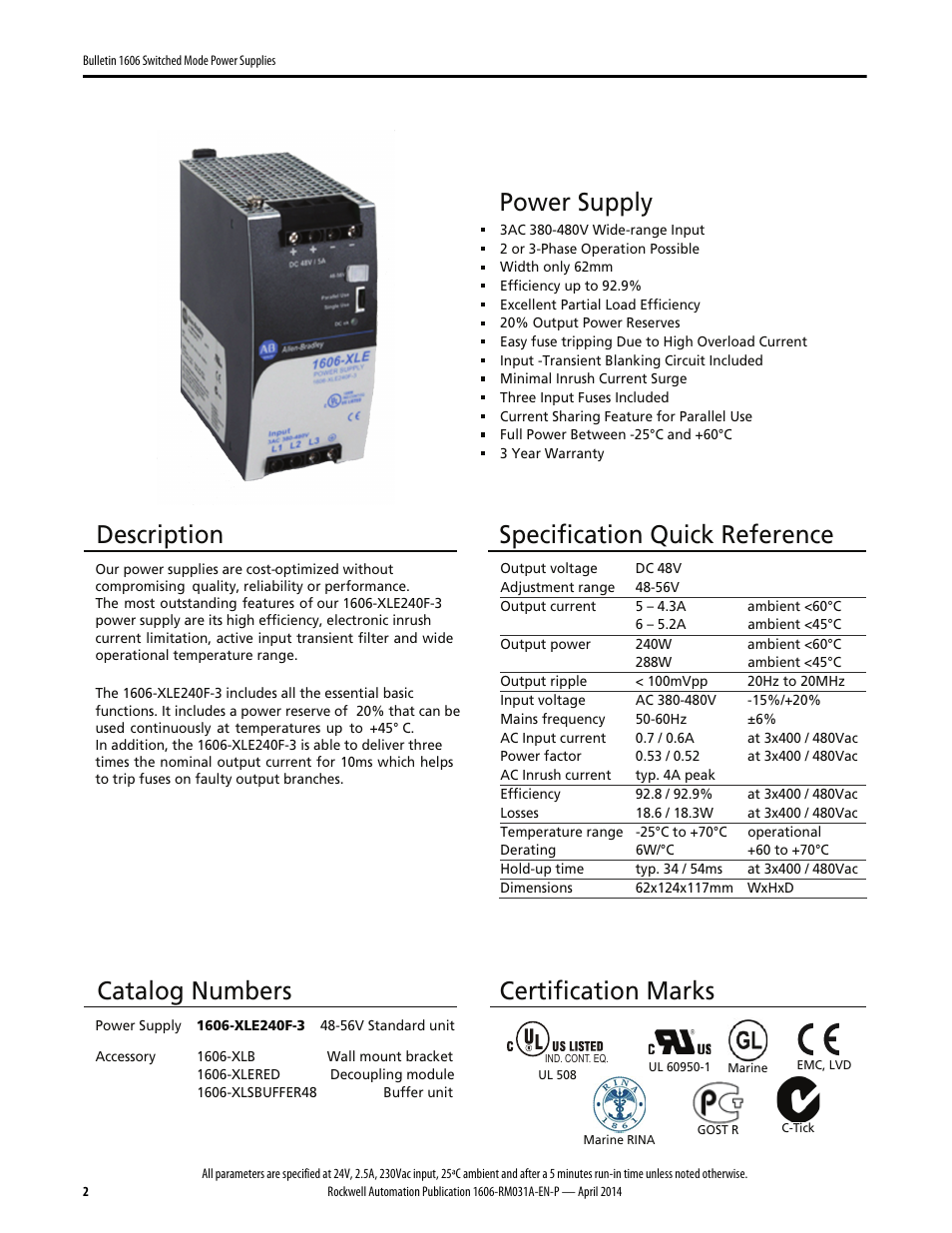 Power supply, Description, Specification quick reference | Catalog numbers, Certification marks | Rockwell Automation 1606-XLE240F-3 Power Supply Reference Manual User Manual | Page 2 / 24