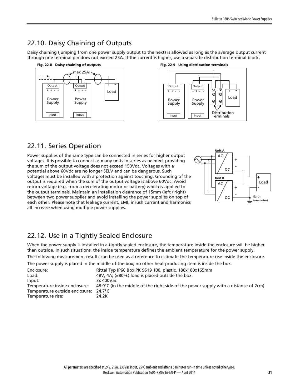 Daisy chaining of outputs, Series operation, Use in a tightly sealed enclosure | Rockwell Automation 1606-XLE240F-3 Power Supply Reference Manual User Manual | Page 21 / 24