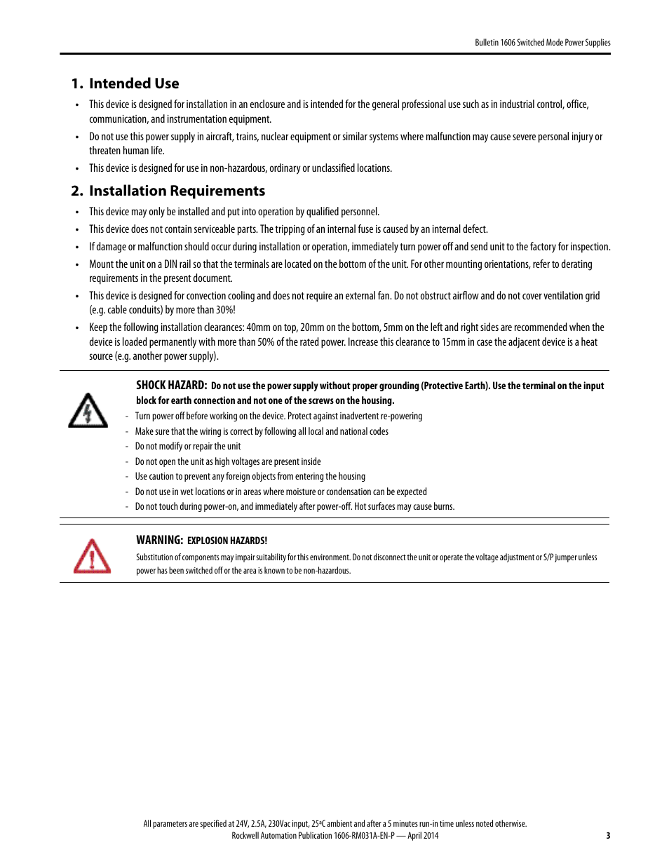 1606-rm031a-en-p, Intended use, Installation requirements | Rockwell Automation 1606-XLE240F-3 Power Supply Reference Manual User Manual | Page 3 / 24