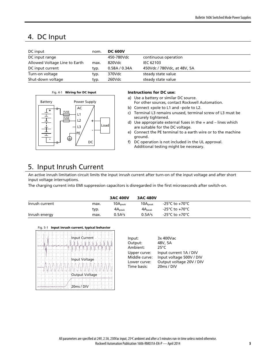 Dc input, Input inrush current | Rockwell Automation 1606-XLE240F-3 Power Supply Reference Manual User Manual | Page 5 / 24