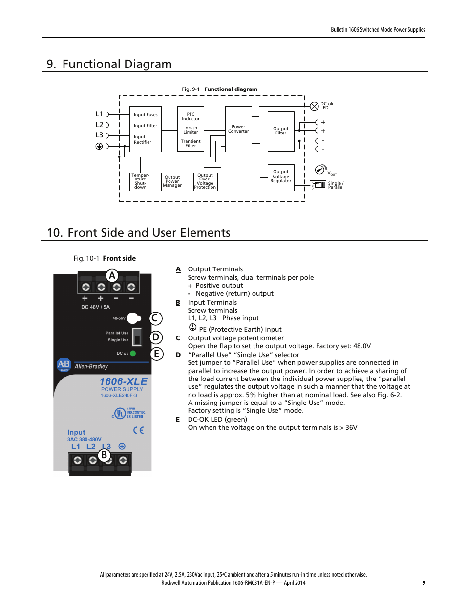 Functional diagram, Front side and user elements, Ab c d e | Rockwell Automation 1606-XLE240F-3 Power Supply Reference Manual User Manual | Page 9 / 24