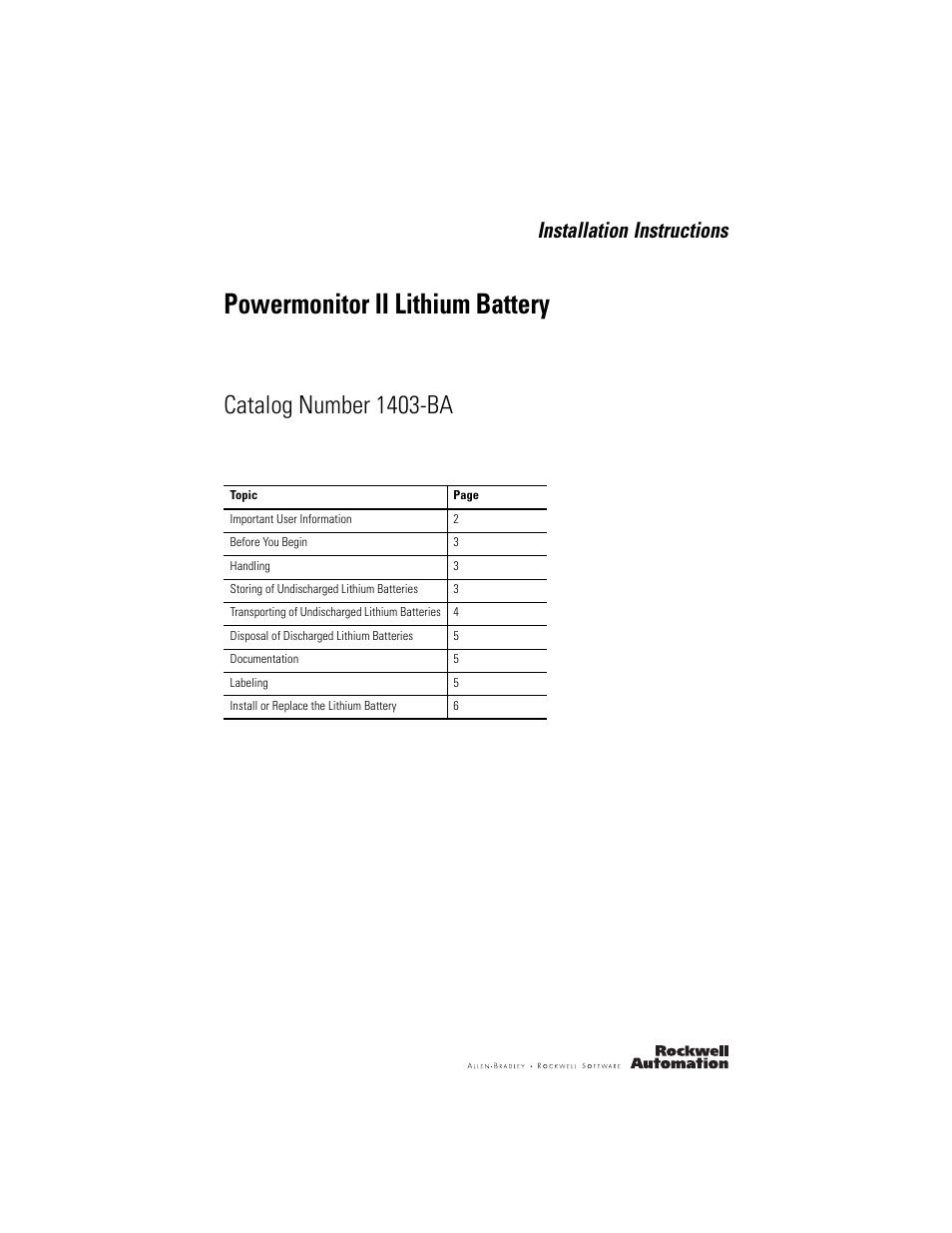 Rockwell Automation 1403-BA Powermonitor II Lithium Battery Installation Instructions User Manual | 8 pages