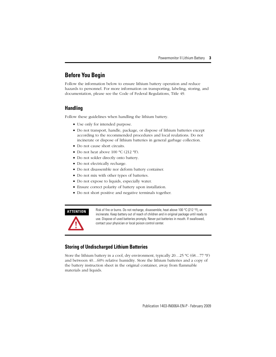 Before you begin, Handling, Storing of undischarged lithium batteries | Rockwell Automation 1403-BA Powermonitor II Lithium Battery Installation Instructions User Manual | Page 3 / 8