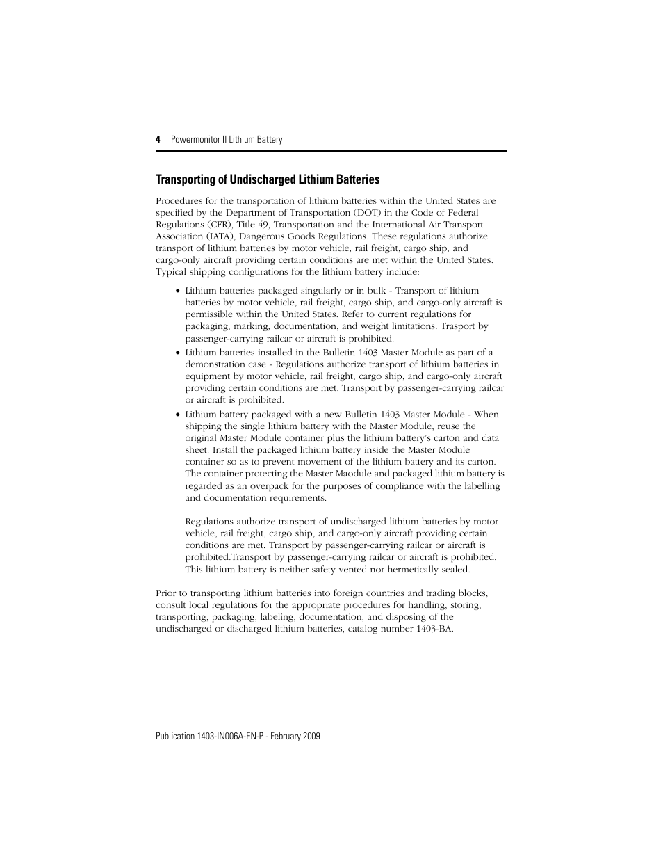 Transporting of undischarged lithium batteries | Rockwell Automation 1403-BA Powermonitor II Lithium Battery Installation Instructions User Manual | Page 4 / 8