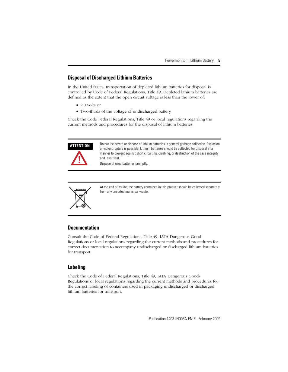 Disposal of discharged lithium batteries, Documentation, Labeling | Rockwell Automation 1403-BA Powermonitor II Lithium Battery Installation Instructions User Manual | Page 5 / 8