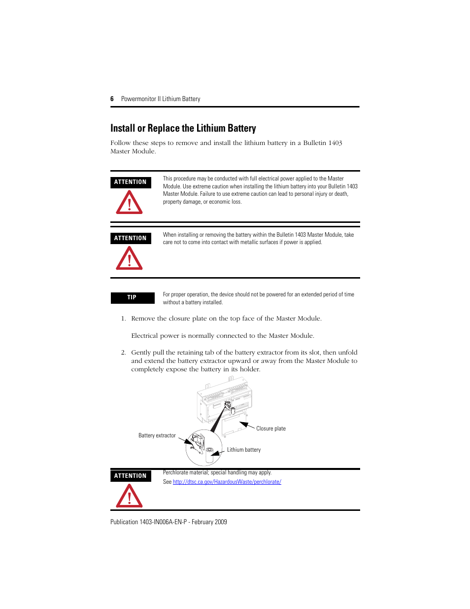 Install or replace the lithium battery | Rockwell Automation 1403-BA Powermonitor II Lithium Battery Installation Instructions User Manual | Page 6 / 8