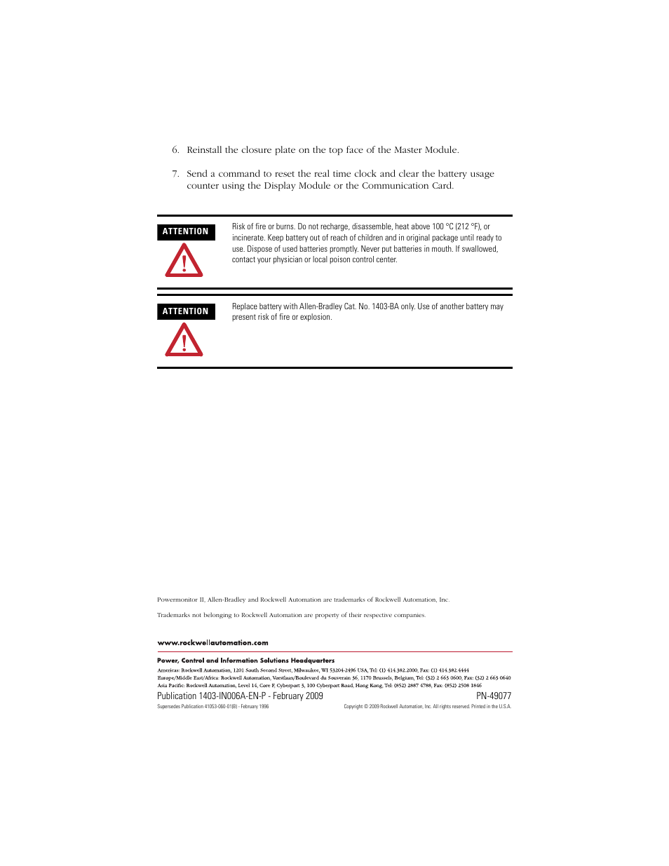 Back cover | Rockwell Automation 1403-BA Powermonitor II Lithium Battery Installation Instructions User Manual | Page 8 / 8