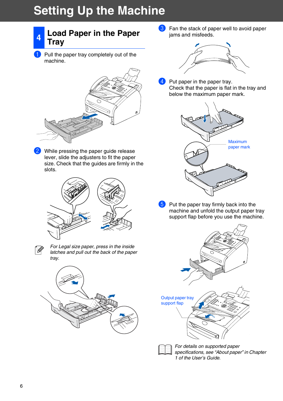 4 load paper in the paper tray, Setting up the machine, 4load paper in the paper tray | Brother IntelliFax-2820 User Manual | Page 6 / 12