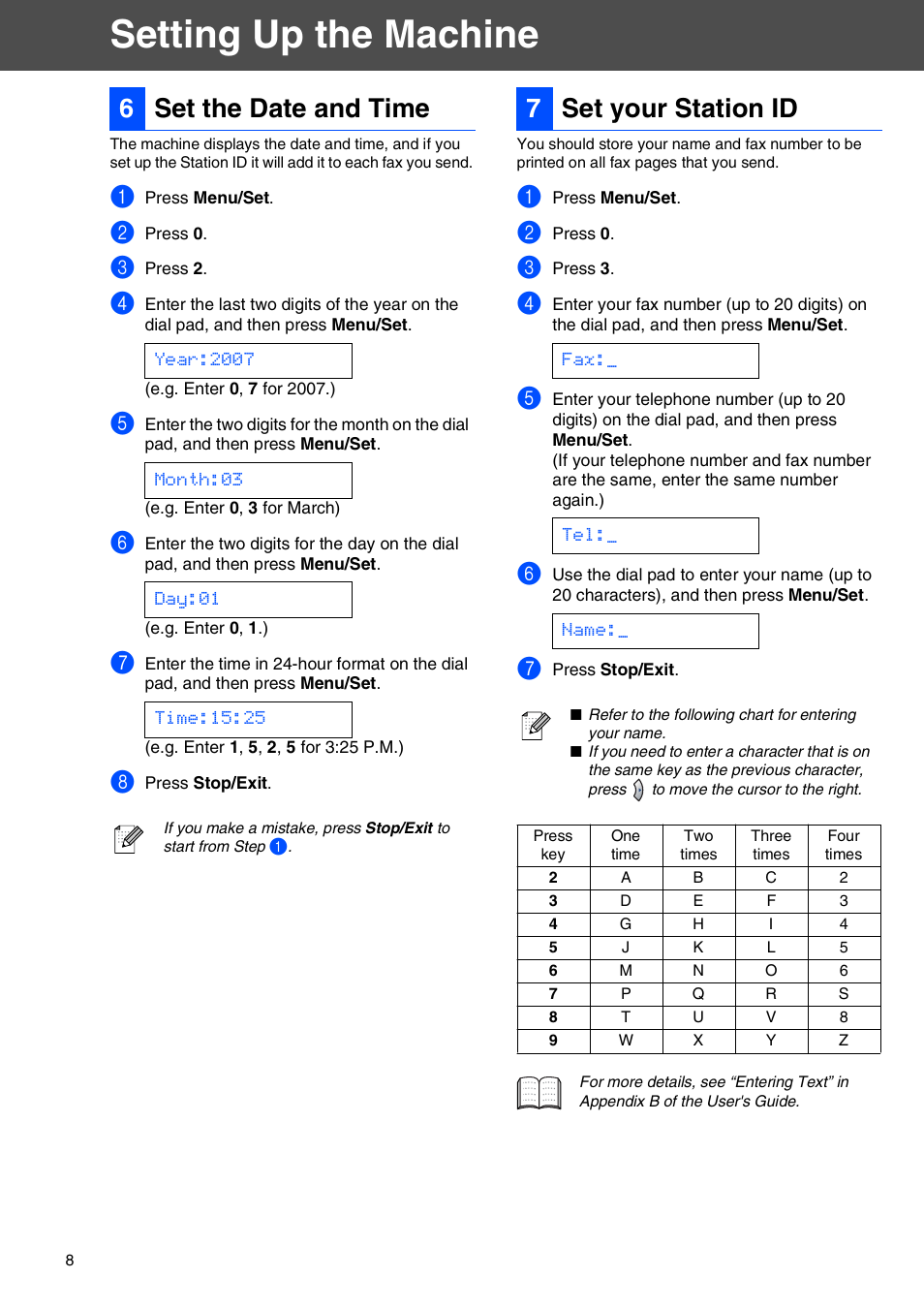 6 set the date and time, 7 set your station id, Setting up the machine | 6set the date and time, 7set your station id | Brother IntelliFax-2820 User Manual | Page 8 / 12