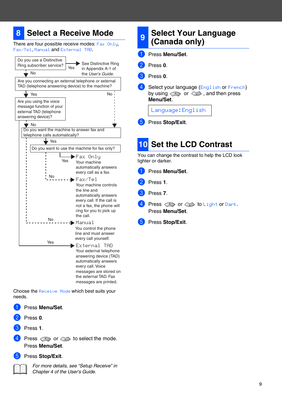8 select a receive mode, 9 select your language (canada only), 10 set the lcd contrast | 8select a receive mode, 9select your language (canada only) | Brother IntelliFax-2820 User Manual | Page 9 / 12