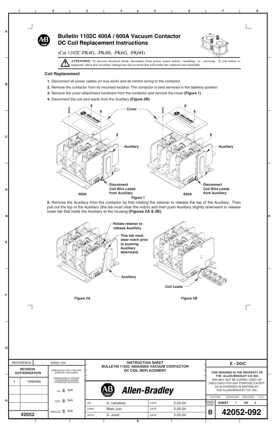 Rockwell Automation 1102C-PKxx 400A / 600A Vacuum Contactor DC Coil Replacement User Manual | 4 pages