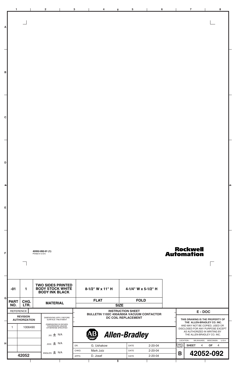 Rockwell Automation 1102C-PKxx 400A / 600A Vacuum Contactor DC Coil Replacement User Manual | Page 4 / 4
