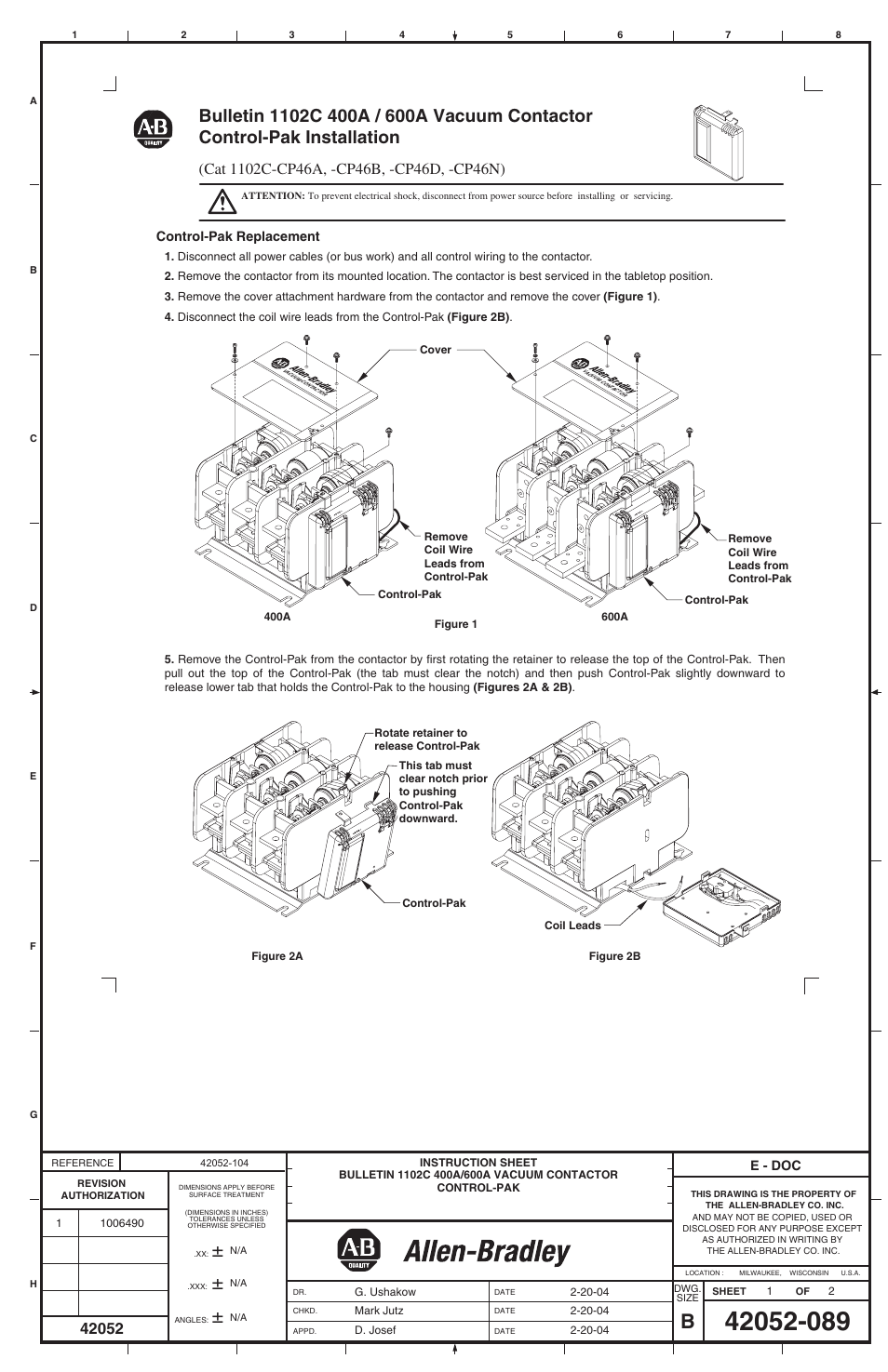 Rockwell Automation 1102C-CP46x 400A / 600A Vacuum Contactor Control-Pak User Manual | 2 pages