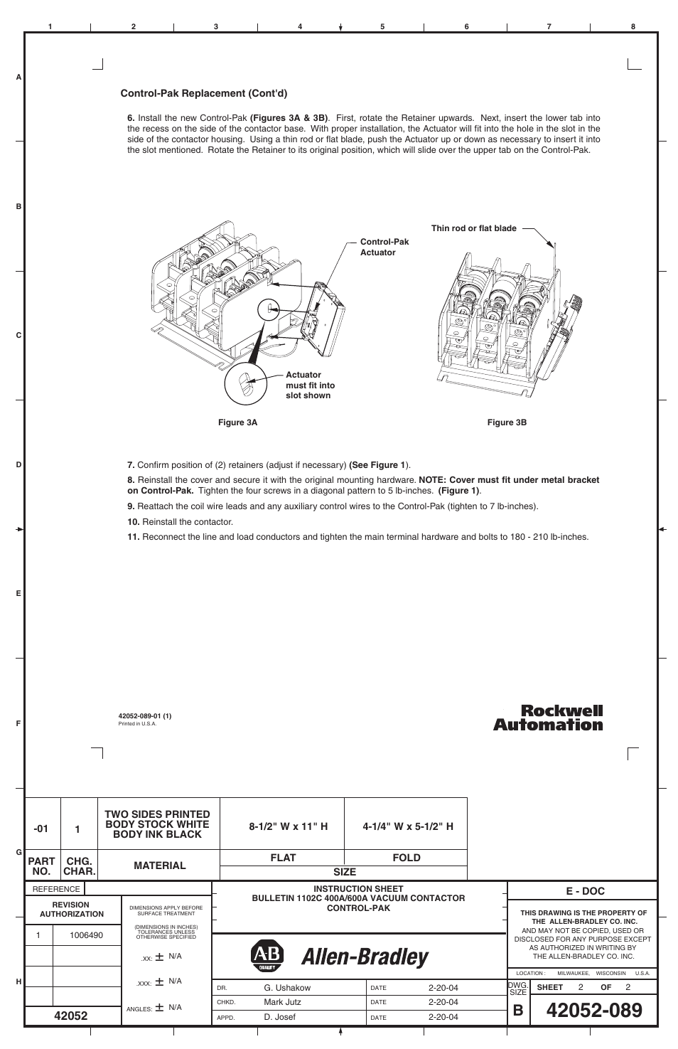 Rockwell Automation 1102C-CP46x 400A / 600A Vacuum Contactor Control-Pak User Manual | Page 2 / 2