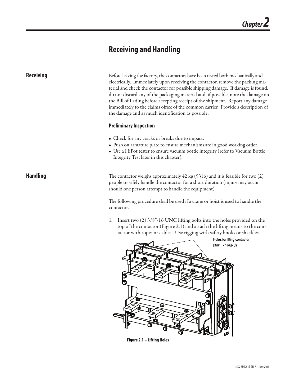1502-um051_chapter 2_june2013, Receiving and handling, Chapter | Rockwell Automation 1502 Medium Voltage Contactor, 800A (Series D and E) User Manual | Page 13 / 58