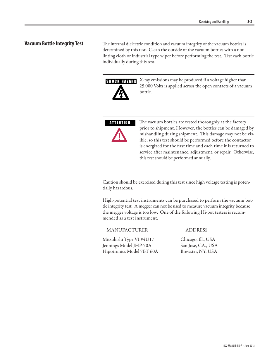Vacuum bottle integrity test | Rockwell Automation 1502 Medium Voltage Contactor, 800A (Series D and E) User Manual | Page 15 / 58