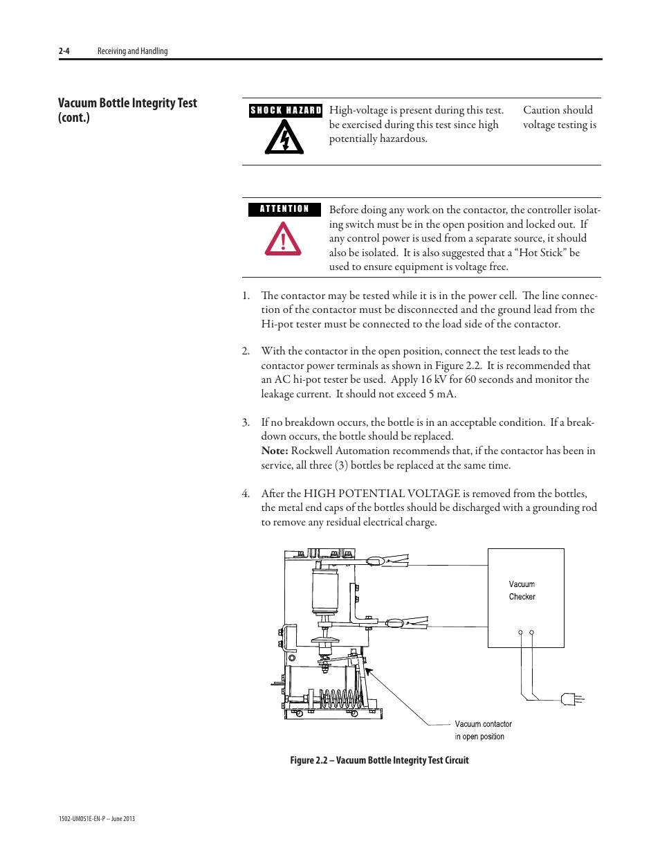 Vacuum bottle integrity test (cont.) | Rockwell Automation 1502 Medium Voltage Contactor, 800A (Series D and E) User Manual | Page 16 / 58
